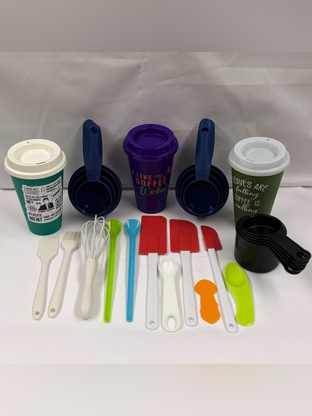 Lot of 30 Kitchen Baking Utensils Travel Coffee Cups Spatulas Measuring Cups